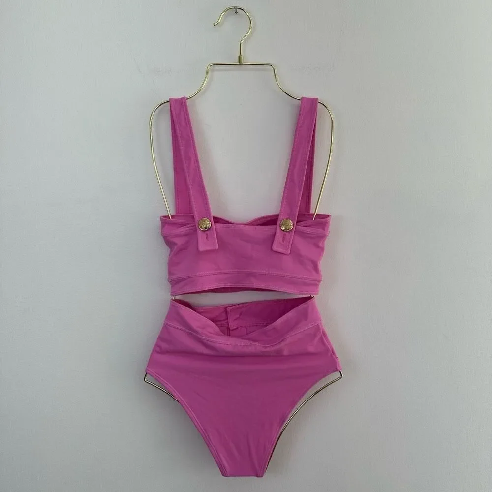 OYE Swimwear Women’s Lavinia Pink Bandeau Bikini Gold Button Detail - Picture 3 of 12
